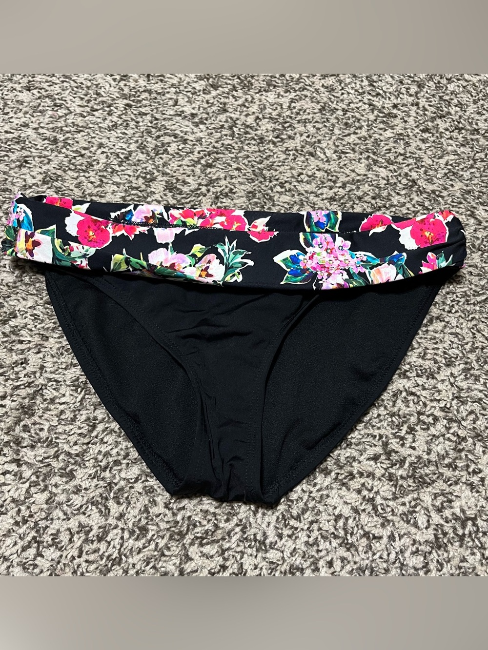 Kenneth Cole New York Black Bikini Bottom with Pink Floral Fold-Over Waist Sz M